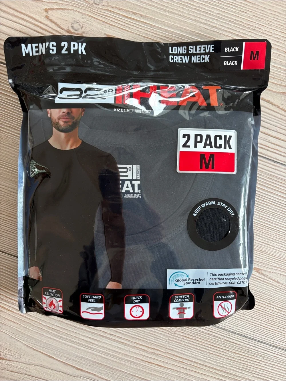32 Degrees Men's Long Sleeve Crew Neck Undershirts - Black (2 Pack)